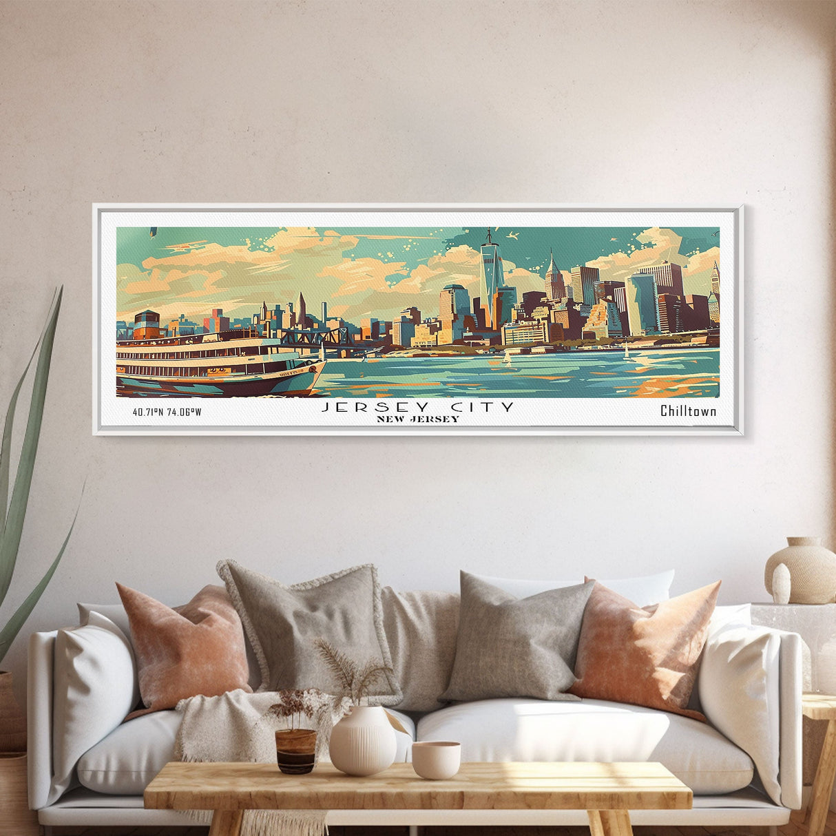 Jersey City New Jersey Panoramic Painting, Mid Century Modern Framed Canvas Print, Retro Pop Art Travel Poster, Wall Art, Home Decor, Office Wall Art, Living Room Decor