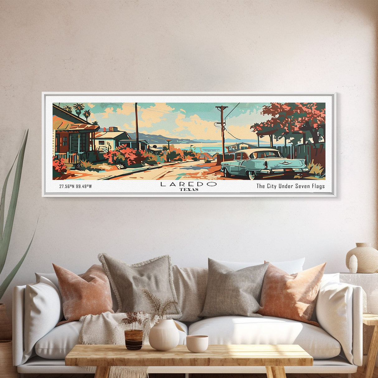 Laredo Texas Panoramic Painting, Mid Century Modern Framed Canvas Print, Retro Pop Art Travel Poster, Wall Art, Living Room Decor, Office Wall Art, Home Decor