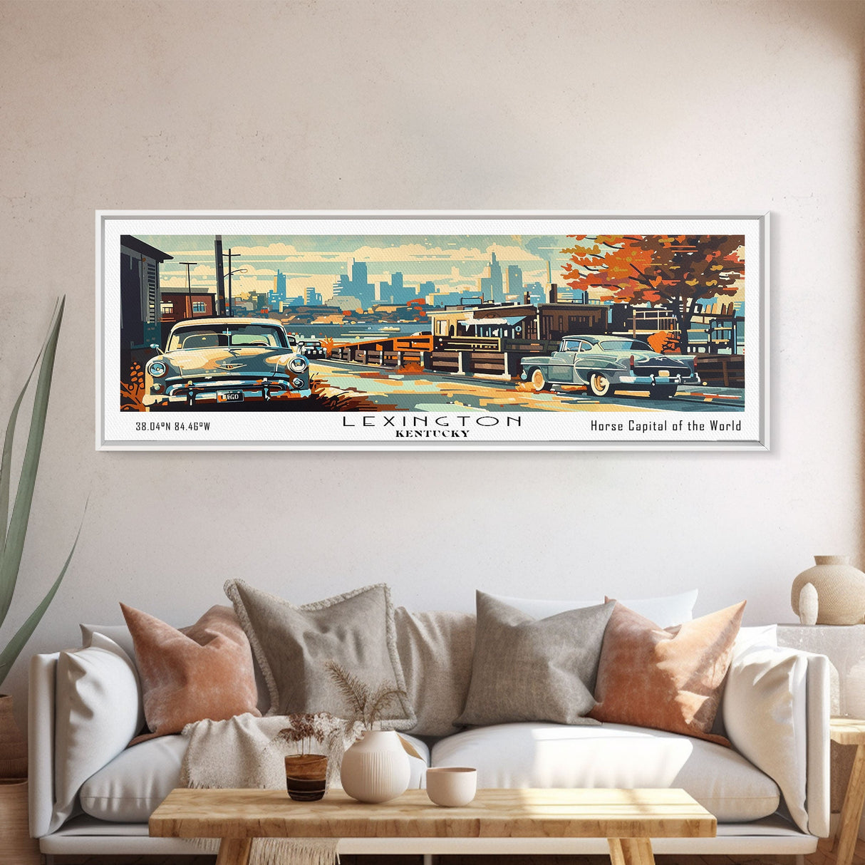 Lexington Kentucky Panoramic Wall Art, Mid Century Modern Framed Canvas Print, Retro Pop Art Travel Poster, Living Room Art, Office Decor, Wall Hanging