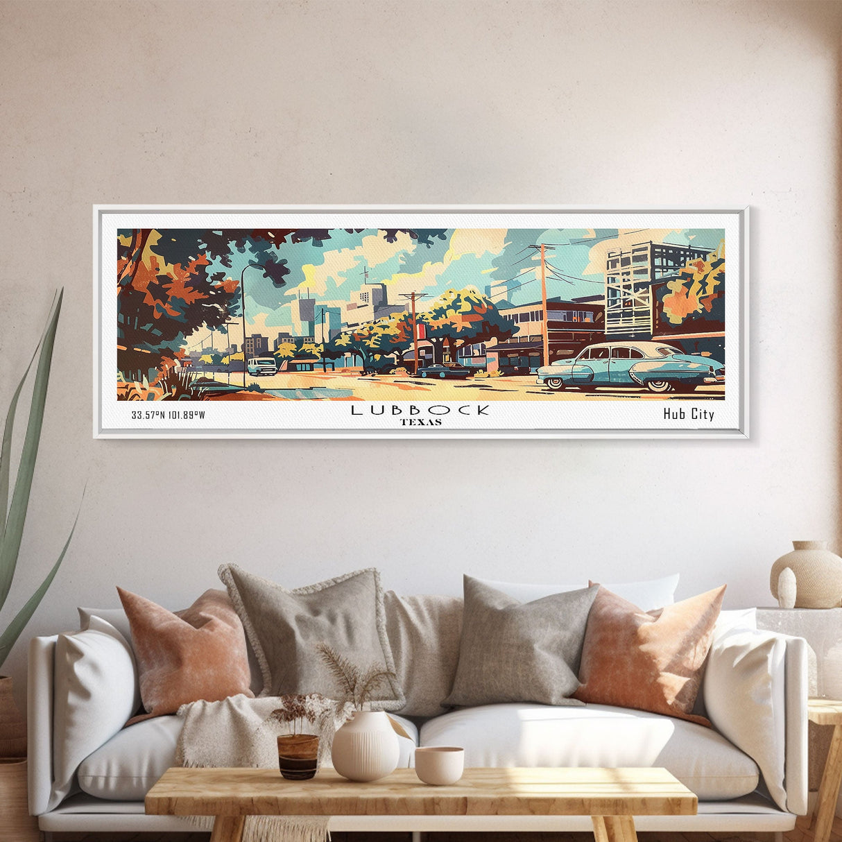 Lubbock Texas Panoramic Wall Art, Mid Century Modern Framed Canvas Print, Retro Pop Art Travel Poster, Home Decor, Living Room Art, Office Wall Hanging, Gift Idea