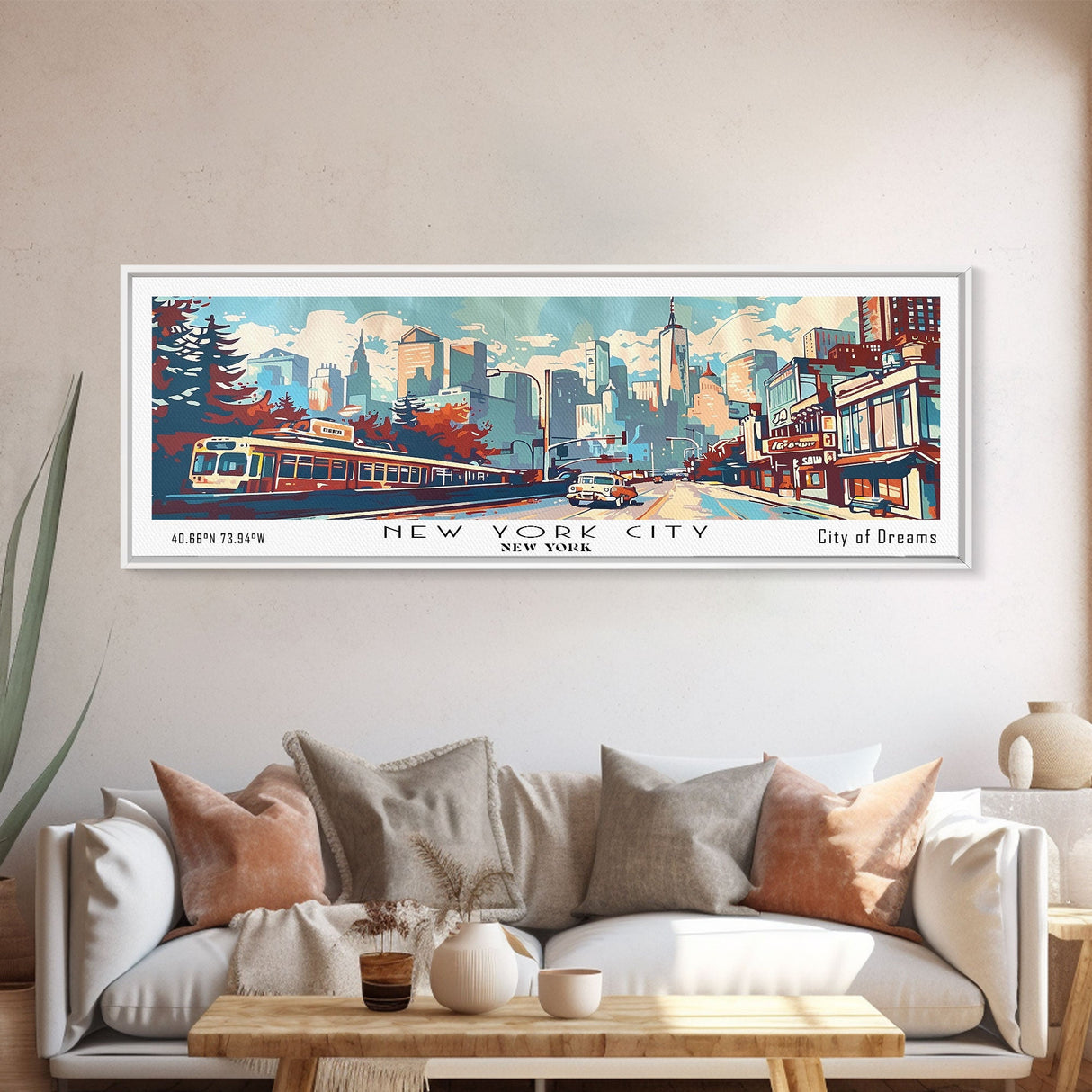 New York New York Panoramic Wall Art, Mid Century Modern Framed Canvas Print, Retro Pop Art Travel Poster, Home Decor, Office Art, Gift Idea, Living Room Wall Hanging