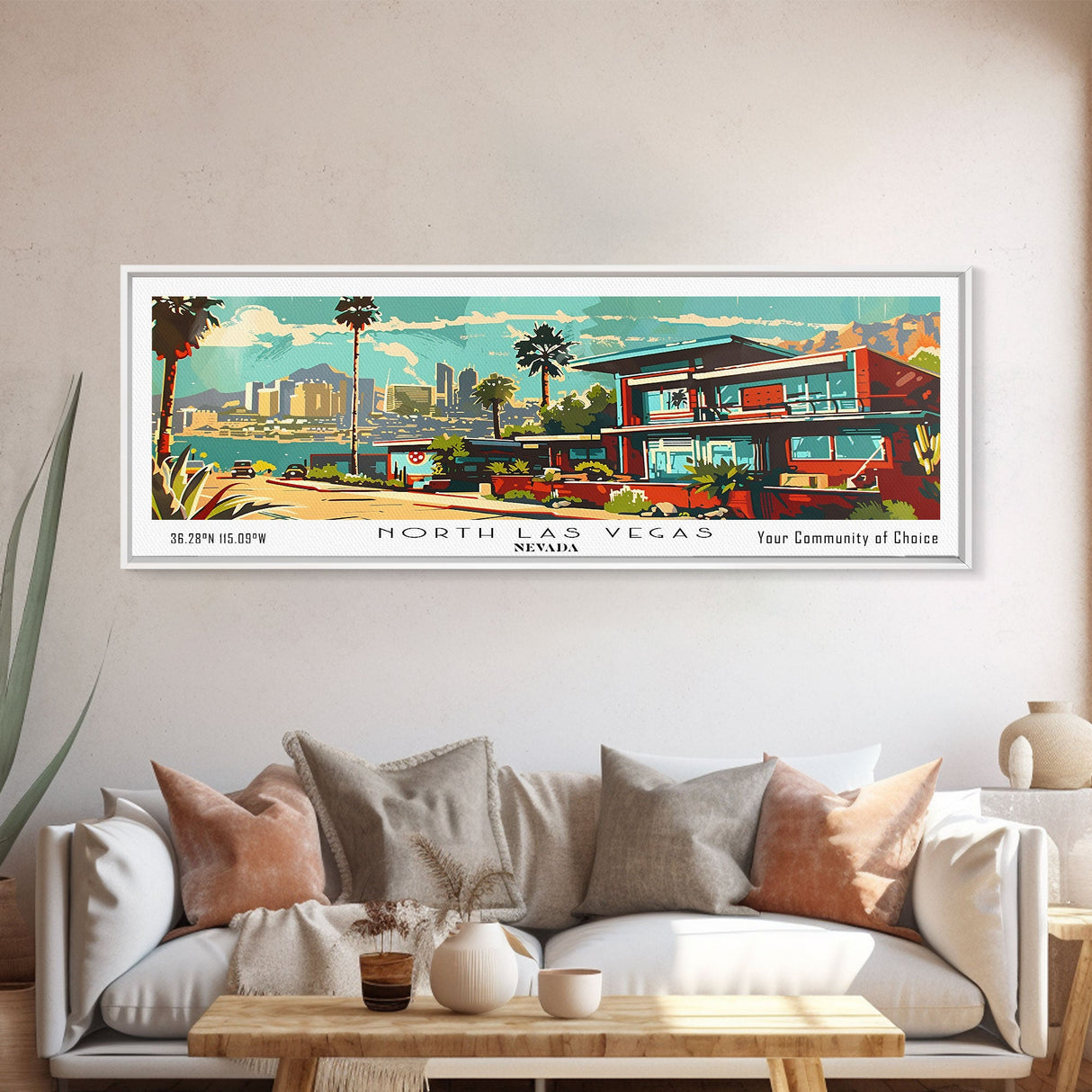 North Las Vegas Nevada Panoramic Wall Art, Mid Century Modern Framed Canvas Print, Retro Pop Art Travel Poster, Home Decor, Office Art, Gift Idea, Living Room Wall Hanging