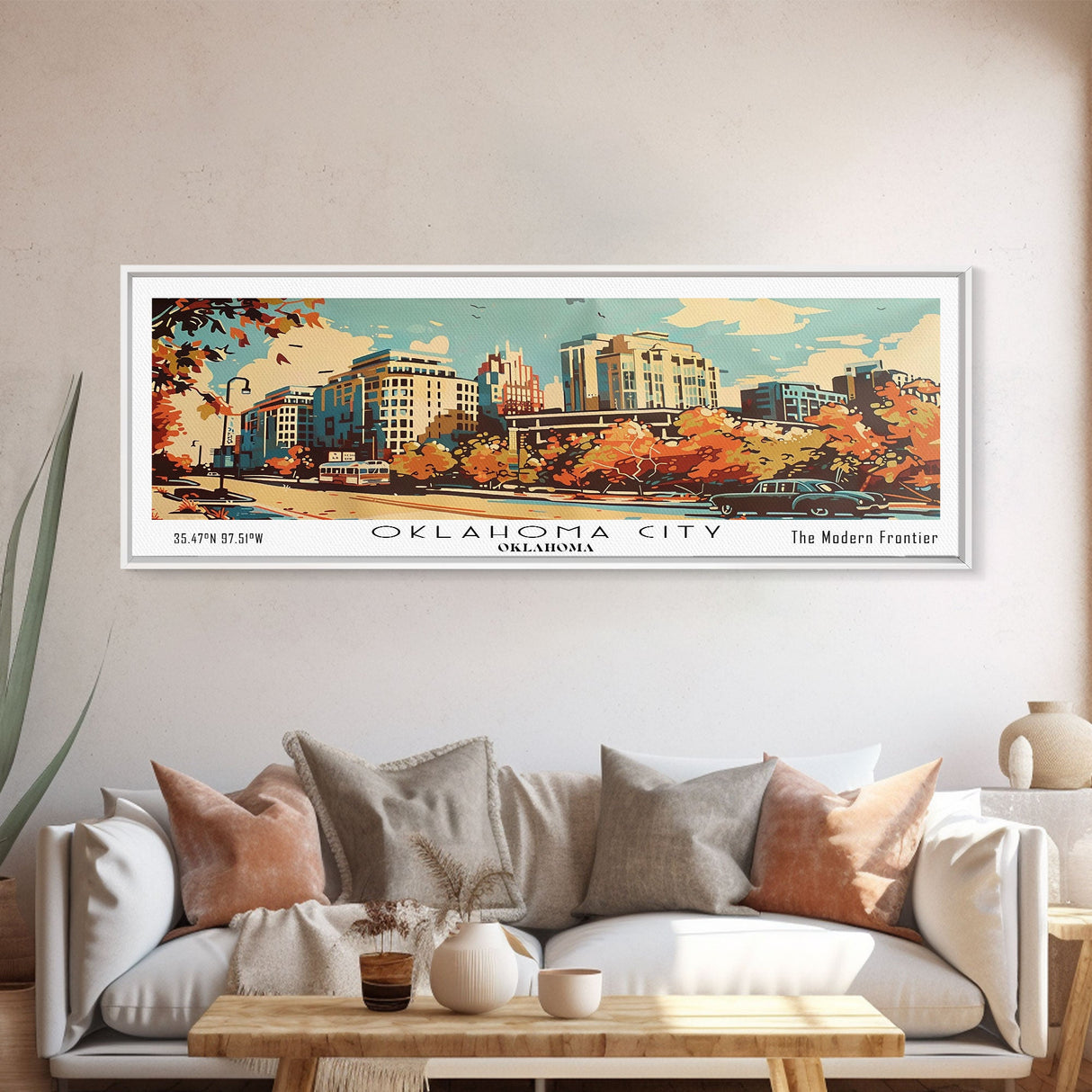 Oklahoma City Oklahoma Panoramic Wall Art, Mid Century Modern Framed Canvas Print, Retro Pop Art Travel Poster, Home Decor, Office Art, Gift Idea, Living Room Wall Hanging