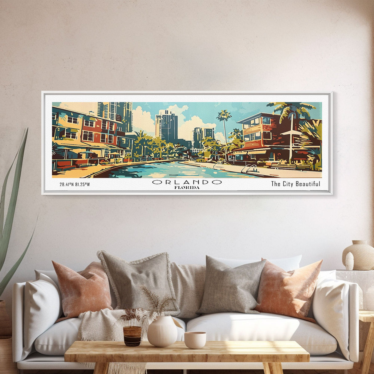 Orlando Florida Panoramic Wall Art, Mid Century Modern Framed Canvas Print, Retro Pop Art Travel Poster, Home Decor, Office Art, Gift Idea, Living Room Wall Hanging