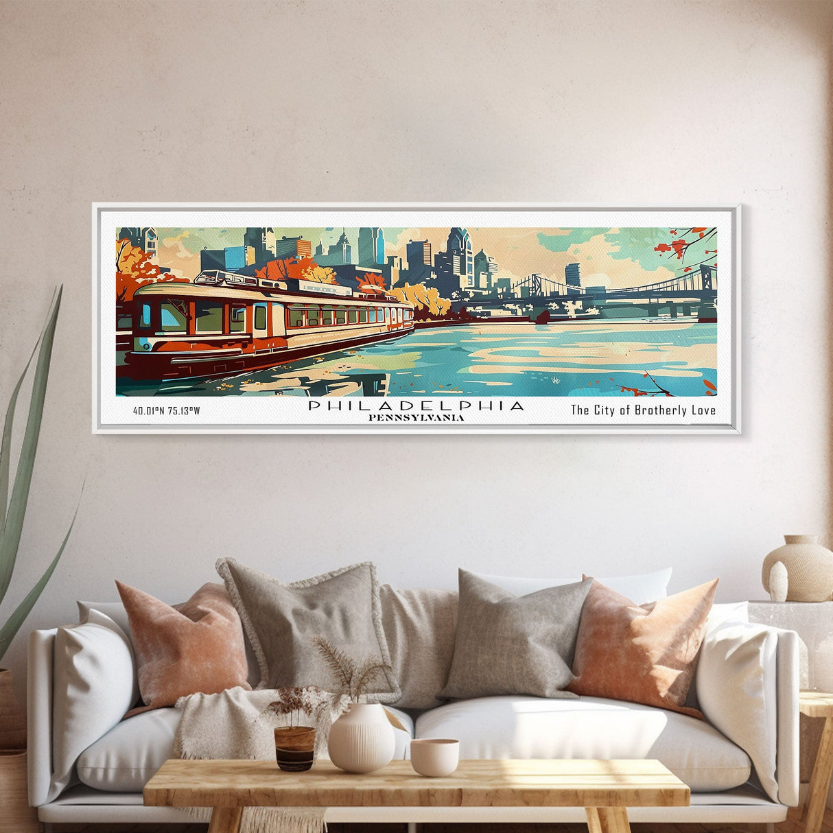 Philadelphia Pennsylvania Panoramic Wall Art, Retro Pop Art Framed Canvas Print, Mid Century Modern Travel Poster, Living Room Decor