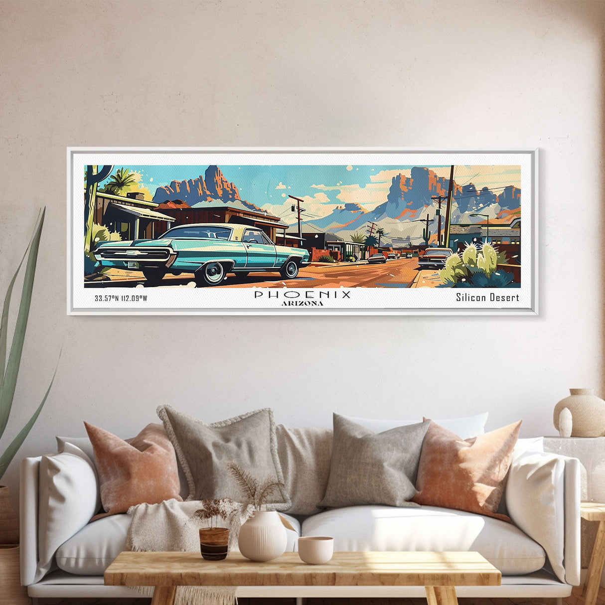 Phoenix Arizona Panoramic Painting, Retro Style Framed Canvas Print, Mid Century Modern Art, Pop Art Travel Poster, Home Office Decor