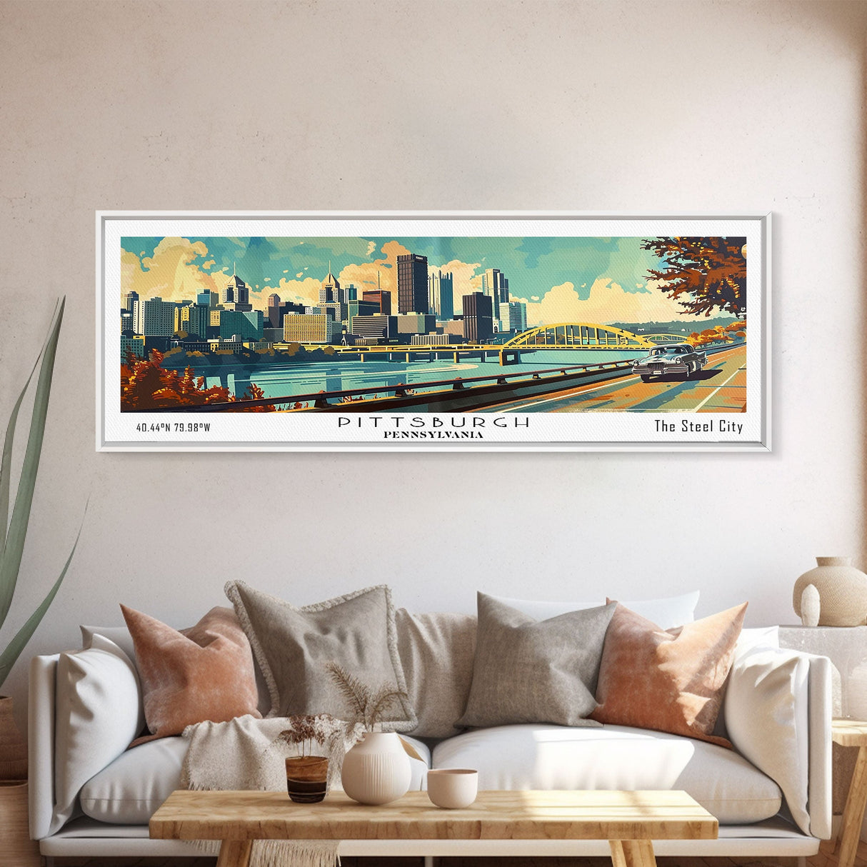 Pittsburgh Pennsylvania Panoramic Wall Art, Mid Century Modern Framed Canvas Print, Retro Pop Art Travel Poster, Living Room Decoration