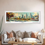 Plano Texas Panoramic Painting, Mid Century Modern Framed Canvas Print, Retro Pop Art Travel Poster, Living Room and Office Decor