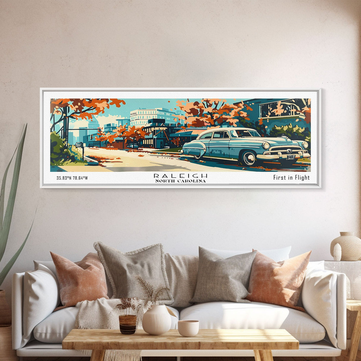 Raleigh North Carolina Panoramic Painting, Mid Century Modern Framed Canvas Print, Retro Pop Art Travel Poster, Living Room and Office Wall Art