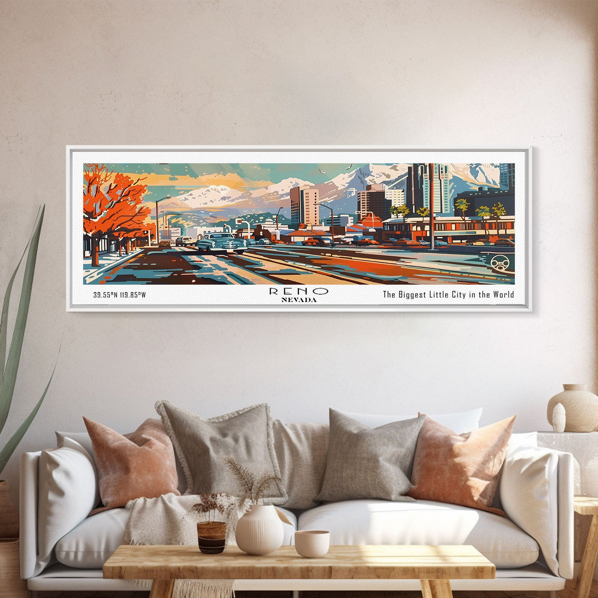 Reno Nevada Panoramic Wall Art, Mid Century Modern Framed Canvas Print, Retro Pop Art Travel Poster, Living Room Decor, Office Wall Hanging