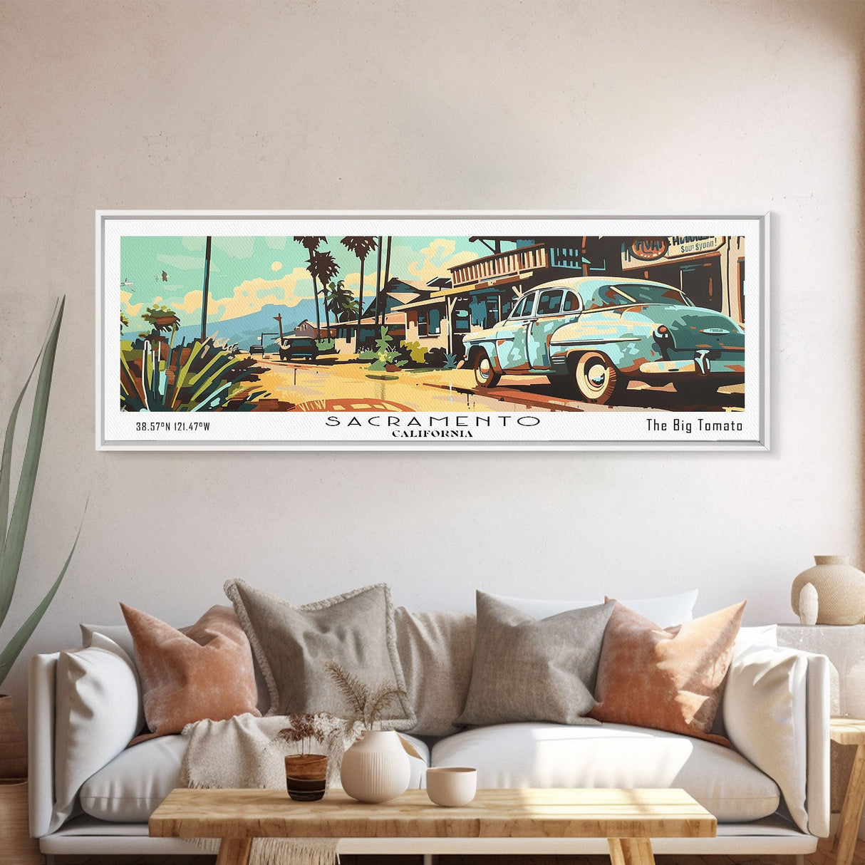 Sacramento California Panoramic Painting, Mid Century Modern Framed Canvas Print, Retro Pop Art Travel Poster, Living Room and Office Wall Art