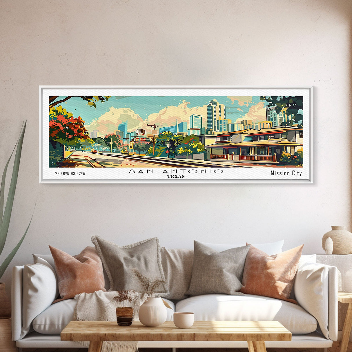 San Antonio Texas Panoramic Wall Art, Mid Century Modern Framed Canvas Print, Retro Pop Art Travel Poster, Living Room and Office Decor