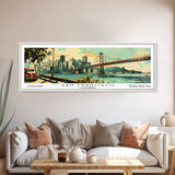 San Francisco California Panoramic Painting, Mid Century Modern Framed Canvas Print, Retro Pop Art Travel Poster, Living Room and Office Wall Art