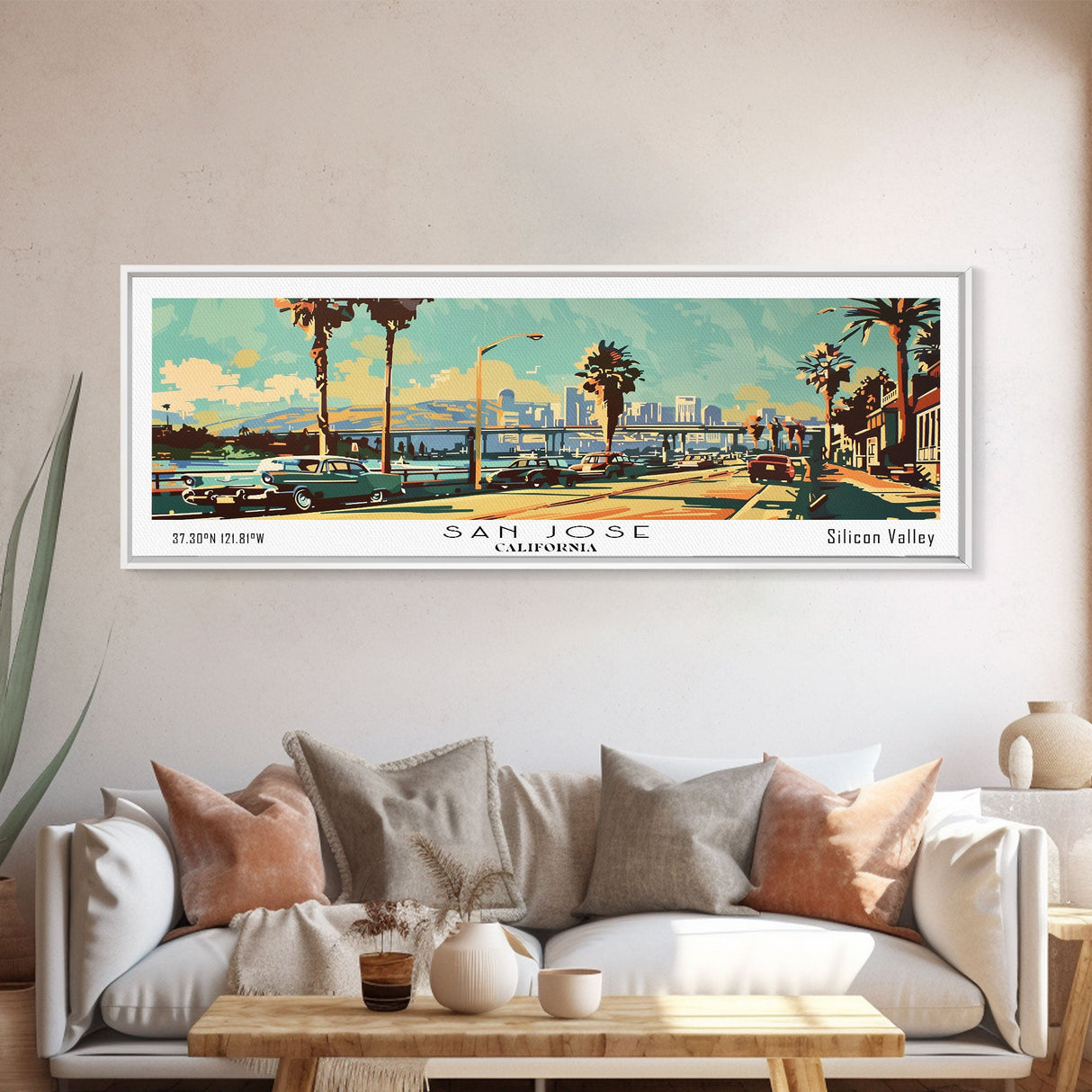 San Jose California Panoramic Wall Art, Mid Century Modern Framed Canvas Print, Retro Pop Art Travel Poster, Living Room and Office Decor