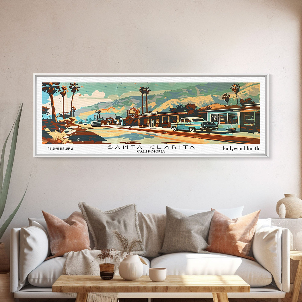 Santa Clarita California Panoramic Wall Art, Mid Century Modern Framed Canvas Print, Retro Pop Art Travel Poster, Living Room and Office Decor