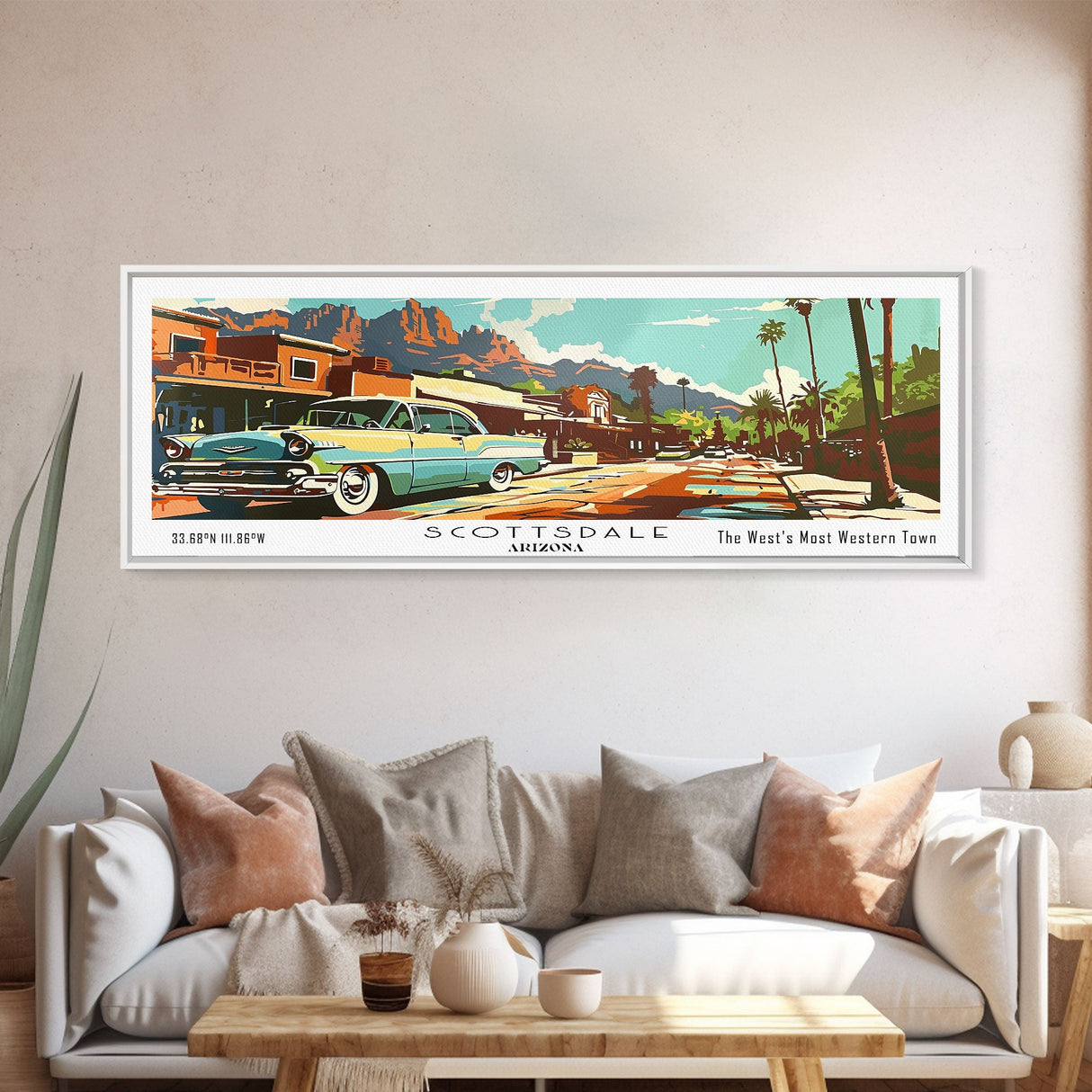 Scottsdale Arizona Panoramic Painting, Mid Century Modern Framed Canvas Print, Retro Pop Art Travel Poster, Living Room and Office Wall Art