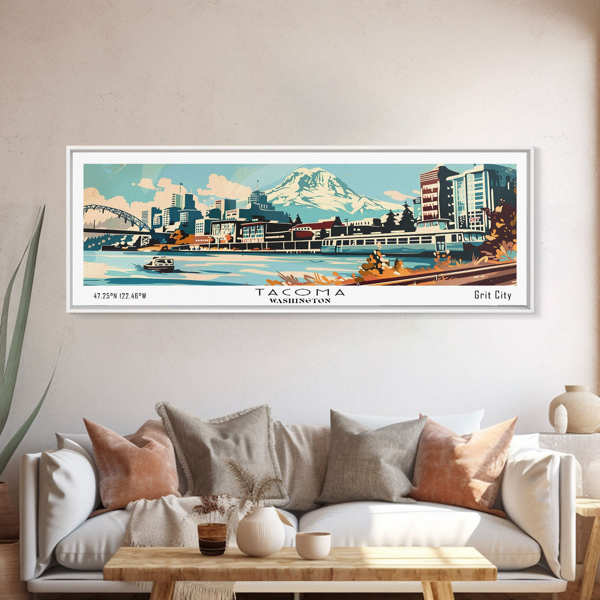 Tacoma Washington Panoramic Painting, Mid Century Modern Framed Canvas Print, Retro Pop Art Travel Poster, Living Room Wall Art Decor