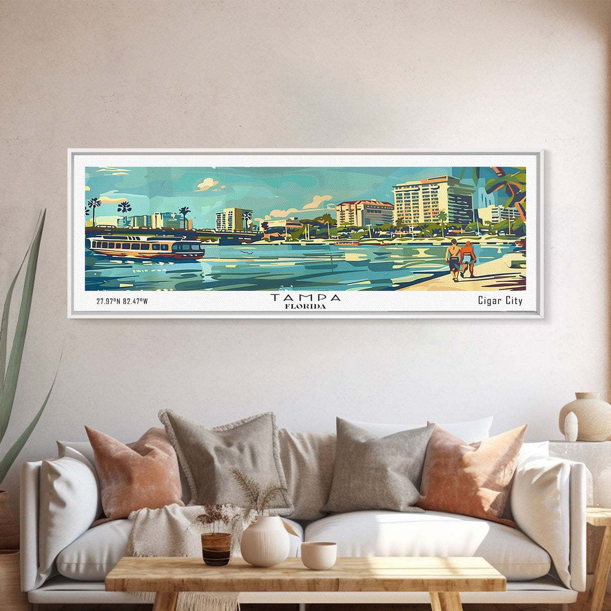 Tampa Florida Panoramic Painting, Mid Century Modern Framed Canvas Print, Retro Pop Art Travel Poster, Living Room and Office Decor