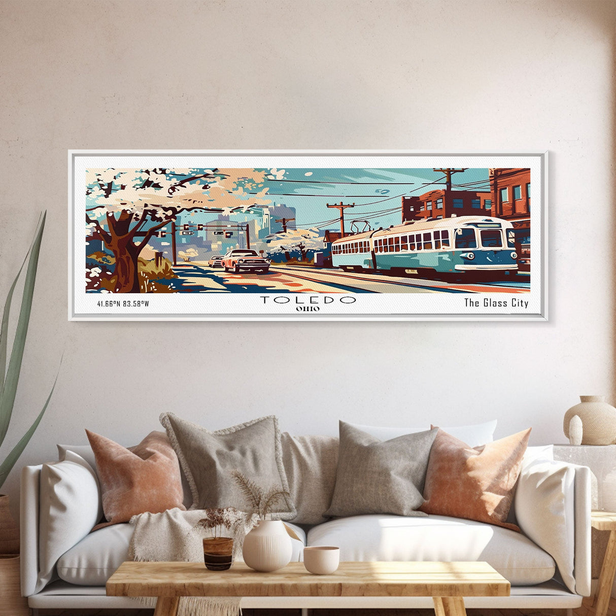 Toledo Ohio Panoramic Wall Art, Mid Century Modern Framed Canvas Print, Retro Pop Art Travel Poster, Living Room and Office Wall Art Decor