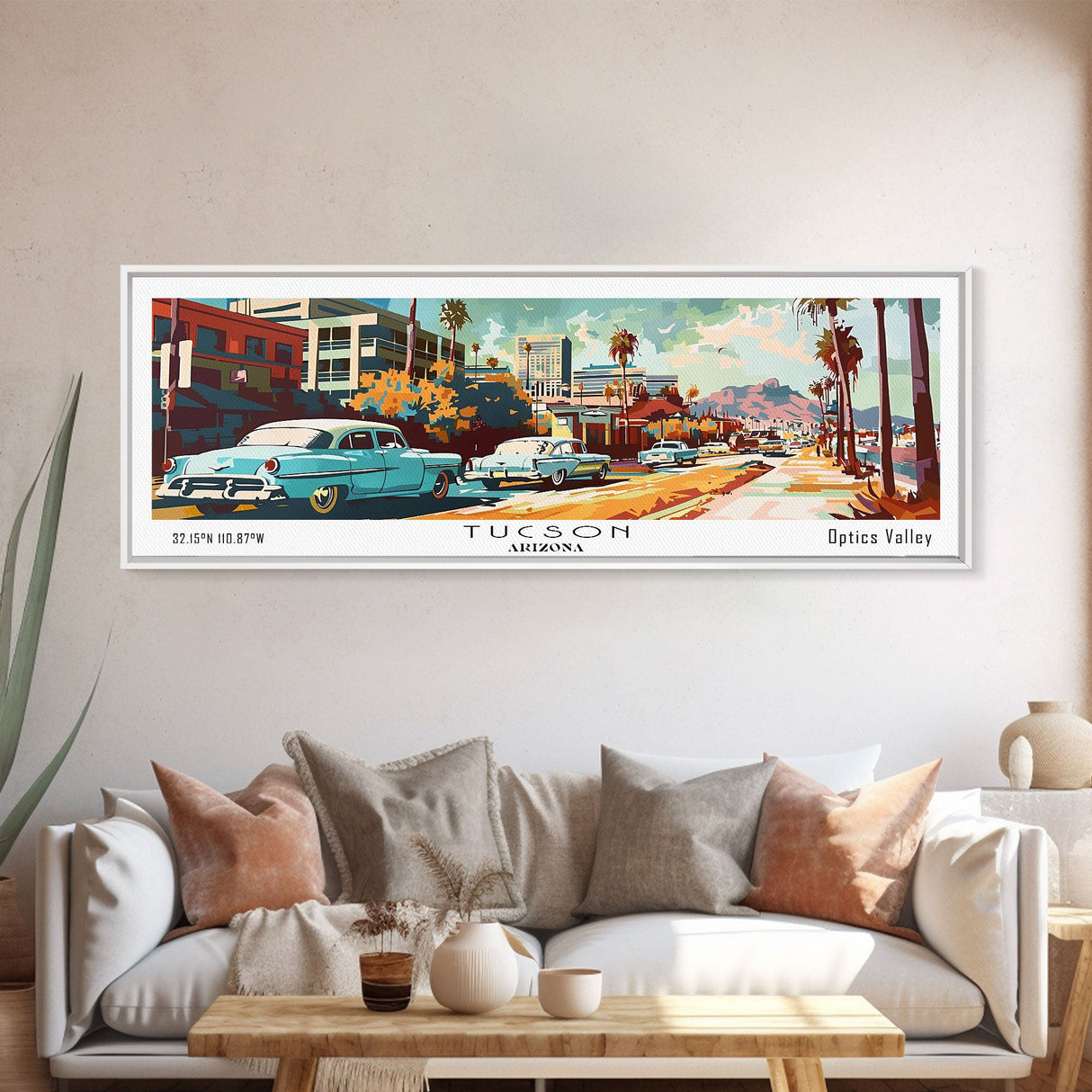 Tucson Arizona Panoramic Painting, Mid Century Modern Framed Canvas Print, Retro Pop Art Travel Poster, Living Room Wall Art and Office Decor