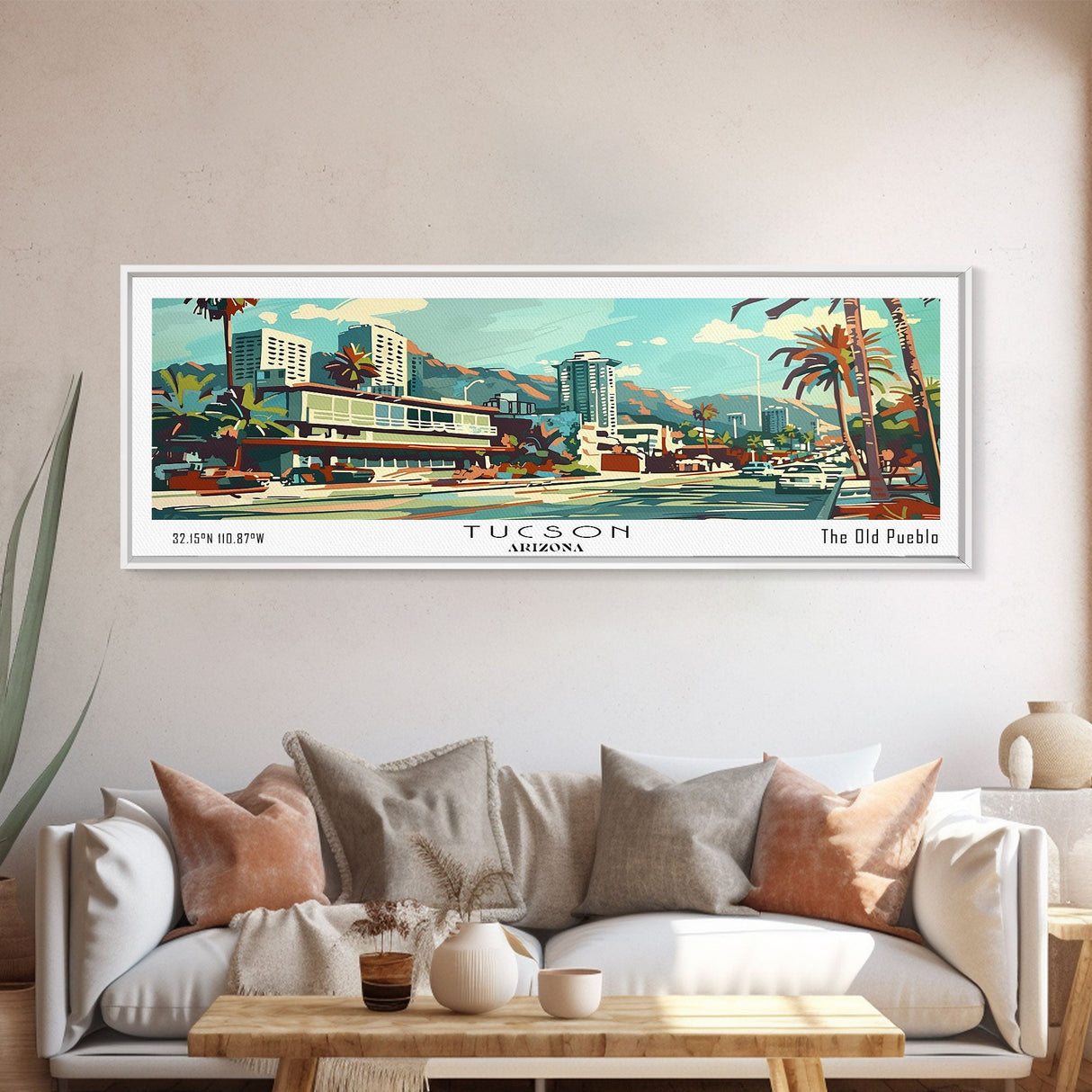 Tucson Arizona Panoramic Wall Art, Mid Century Modern Framed Canvas Print, Retro Pop Art Travel Poster, Living Room and Office Decor