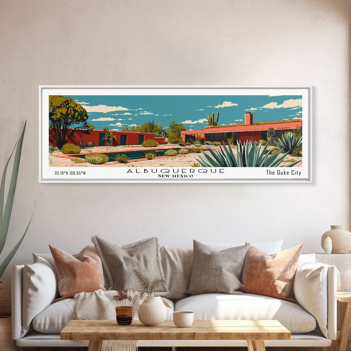 Albuquerque New Mexico Panoramic Painting, Mid Century Modern Framed Canvas Print, Retro Pop Art Travel Poster, Home Decor, City Print