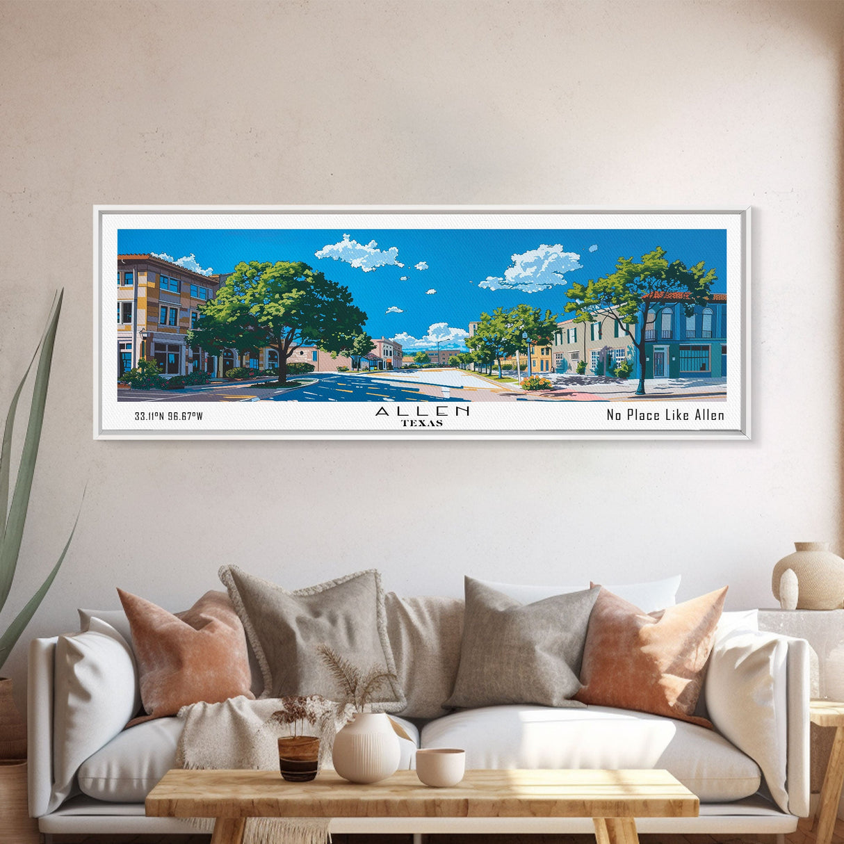 Allen Texas Panoramic Painting, Mid Century Modern Framed Canvas Print, Retro Pop Art Travel Poster, Living Room Wall Art Decor, City Art