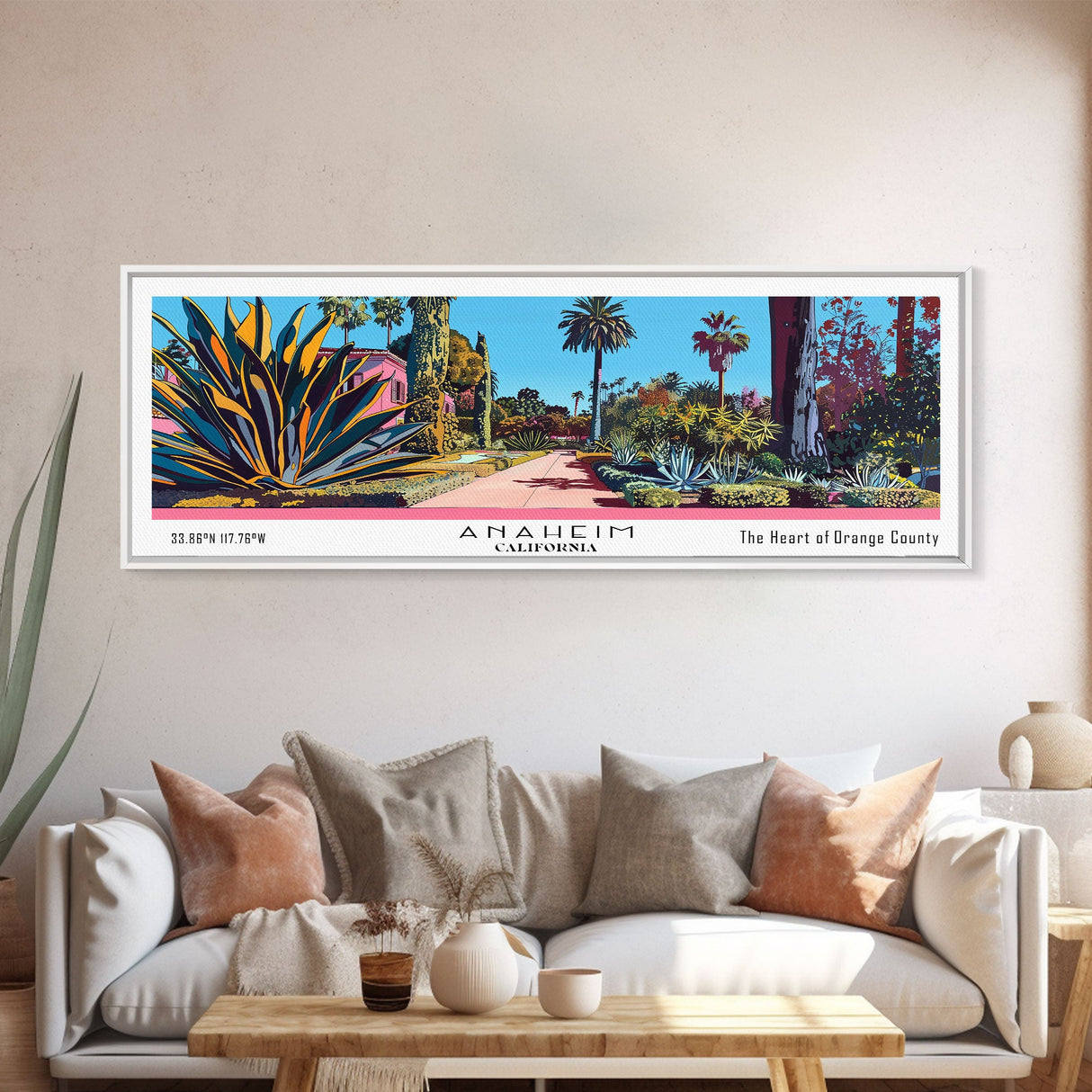 Anaheim California Panoramic Painting, Mid Century Modern Framed Canvas Print, Retro Pop Art Travel Poster, Home Decor, City Art