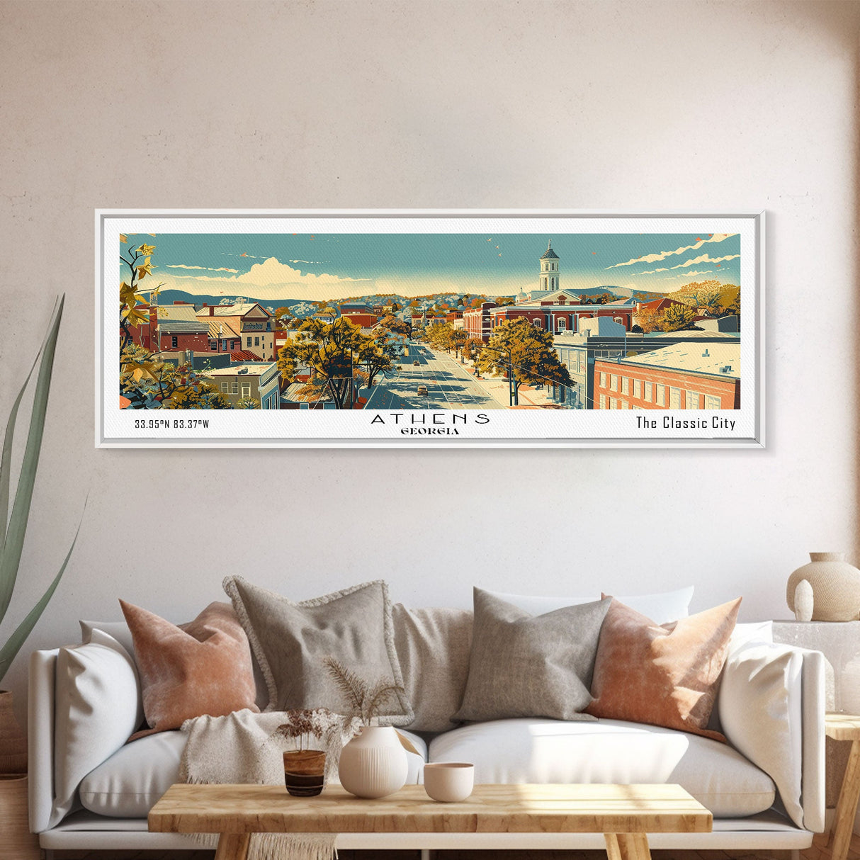 Athens Georgia Panoramic Painting, Mid Century Modern Framed Canvas Print, Retro Pop Art Travel Poster, Living Room Wall Art Decor, City Print