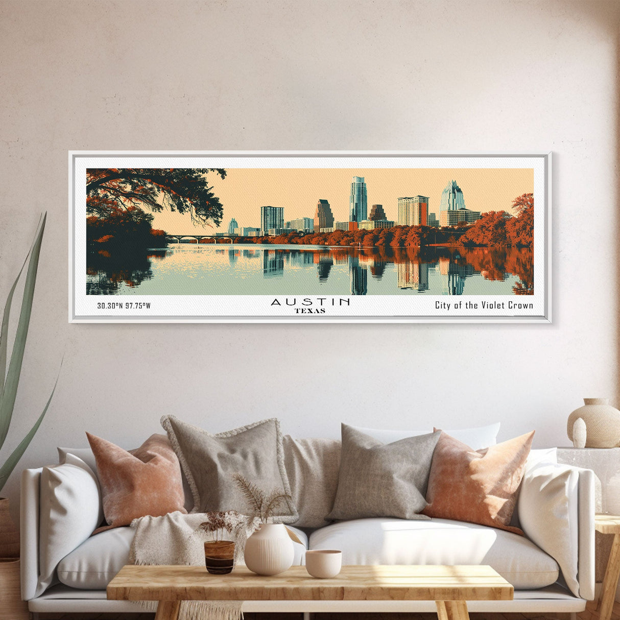 Austin Texas Panoramic Painting, Mid Century Modern Framed Canvas Print, Retro Pop Art Travel Poster, Home Decor, City Art