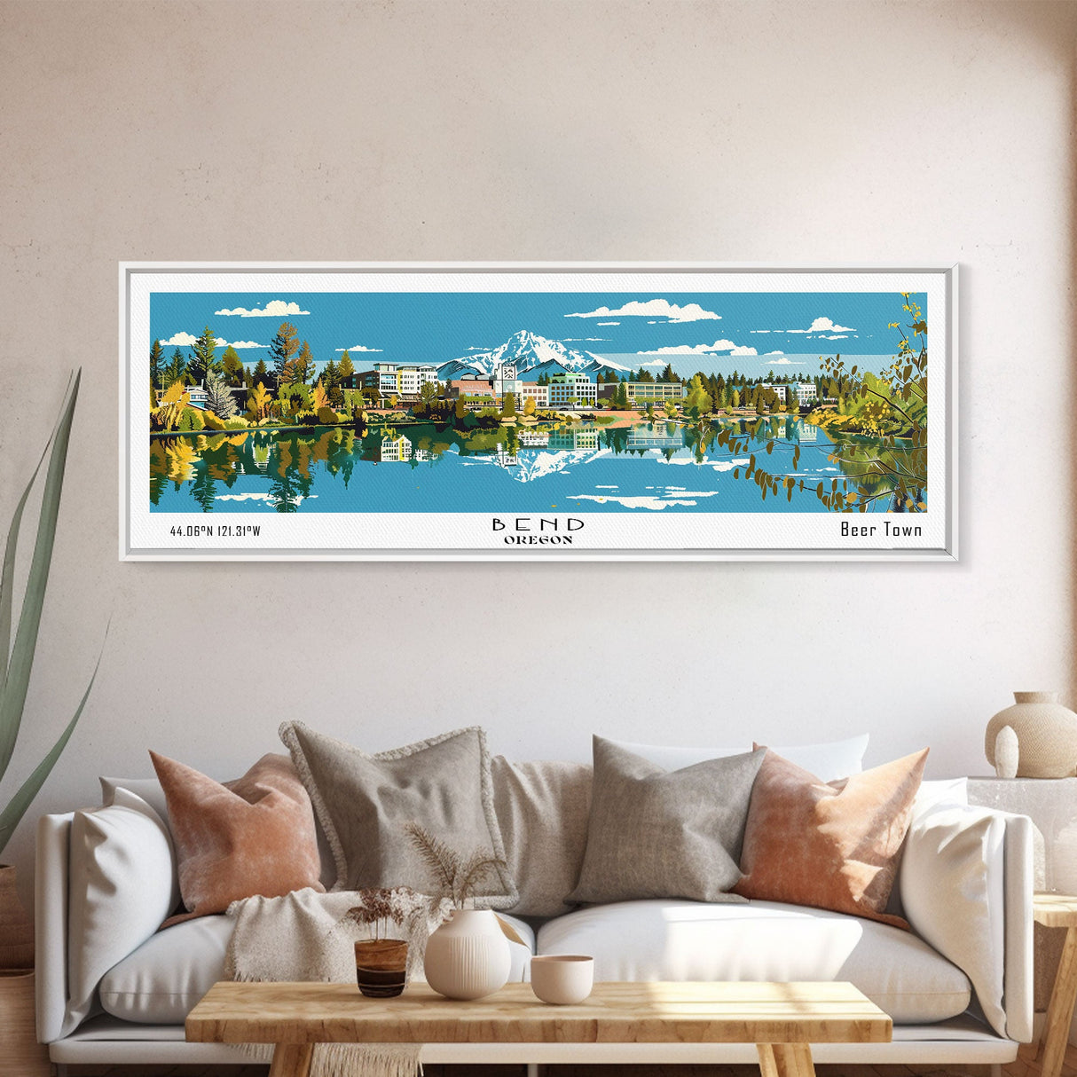 Bend Oregon Panoramic Painting, Mid Century Modern Framed Canvas Print, Retro Pop Art Travel Poster, City Wall Art Decor, Office Art