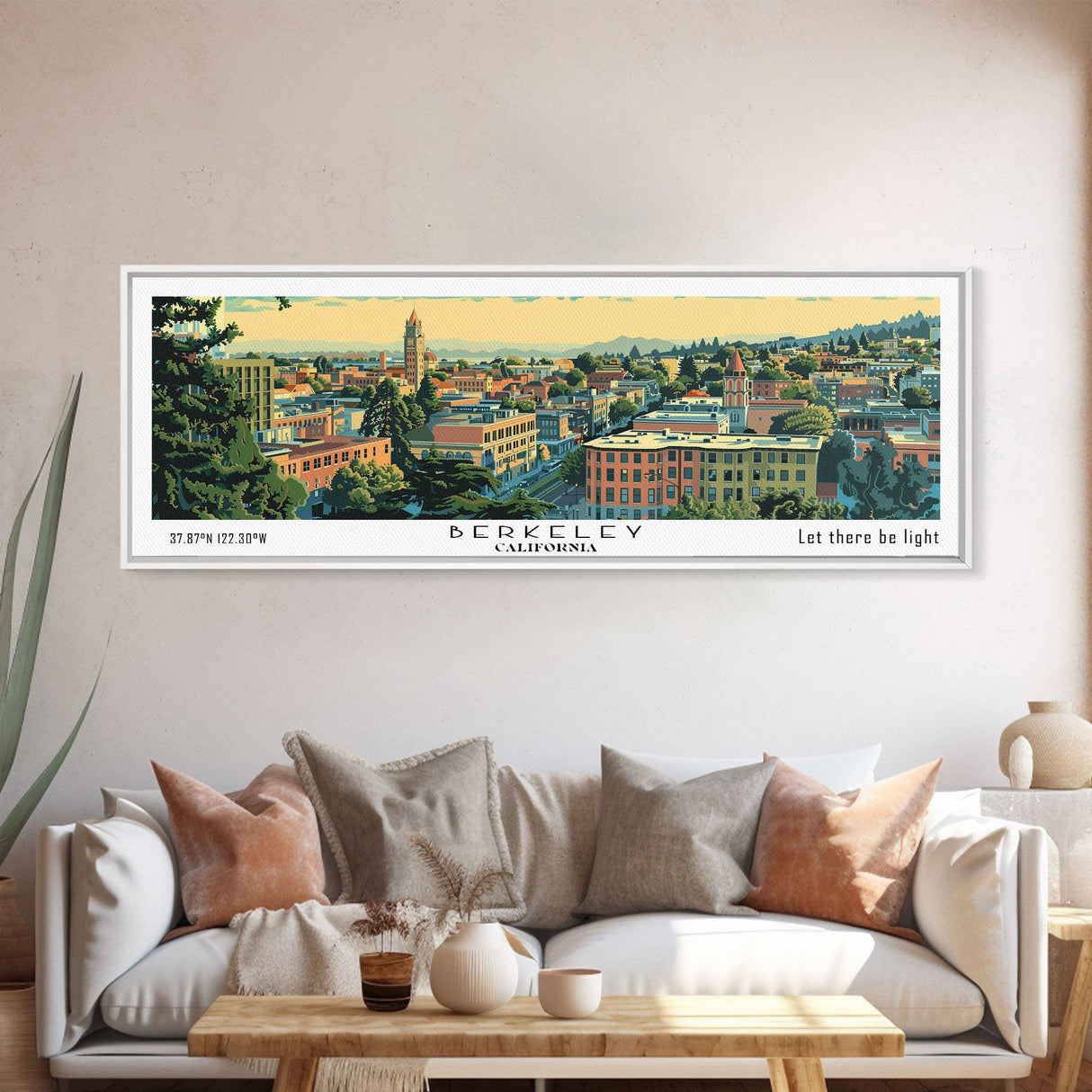 Berkeley California Panoramic Painting, Mid Century Modern Framed Canvas Print, Retro Pop Art Travel Poster, Home Decor, City Print