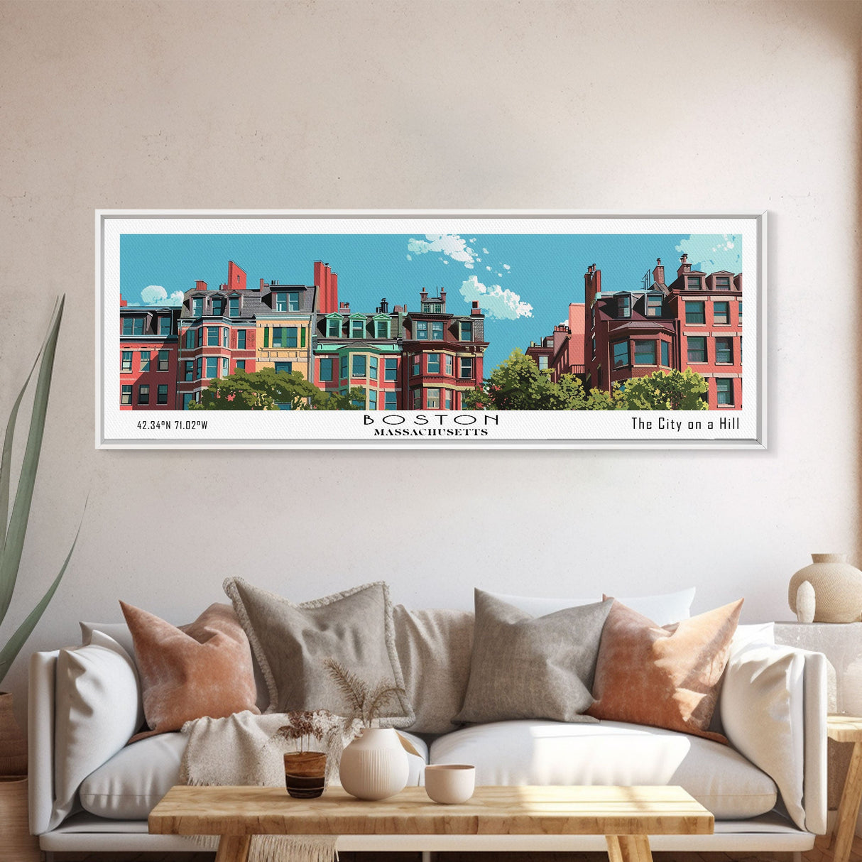 Boston Massachusetts Panoramic Painting, Mid Century Modern Framed Canvas Print, Retro Pop Art Travel Poster, Home Decor, City Art