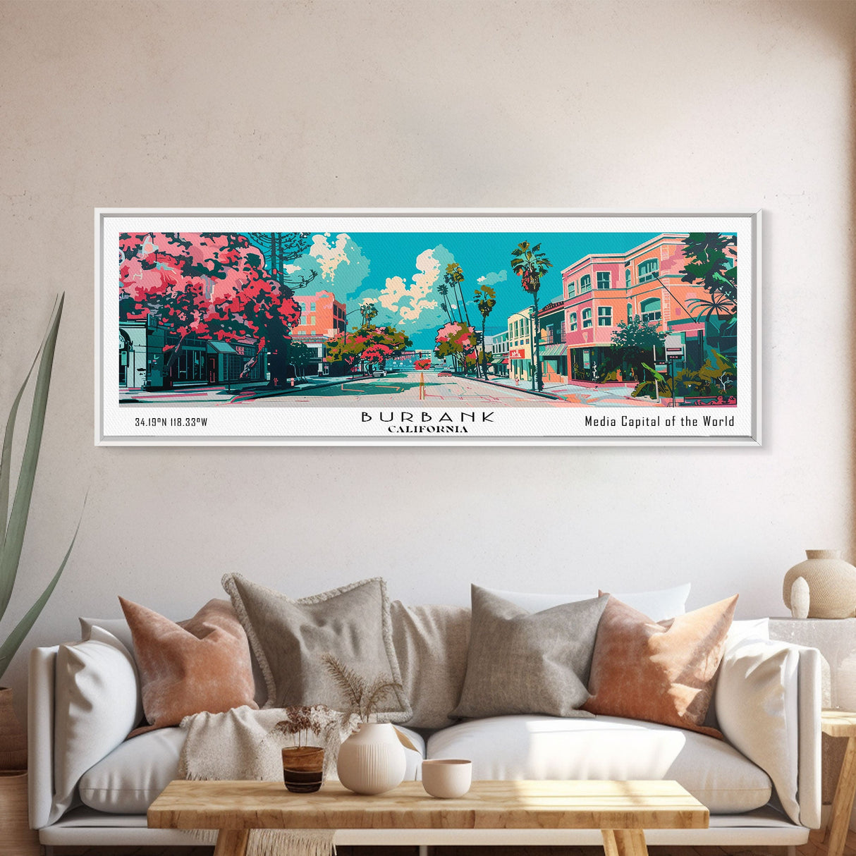 Burbank California Panoramic Painting, Mid Century Modern Framed Canvas Print, Retro Pop Art Travel Poster, Living Room Wall Art, City Art