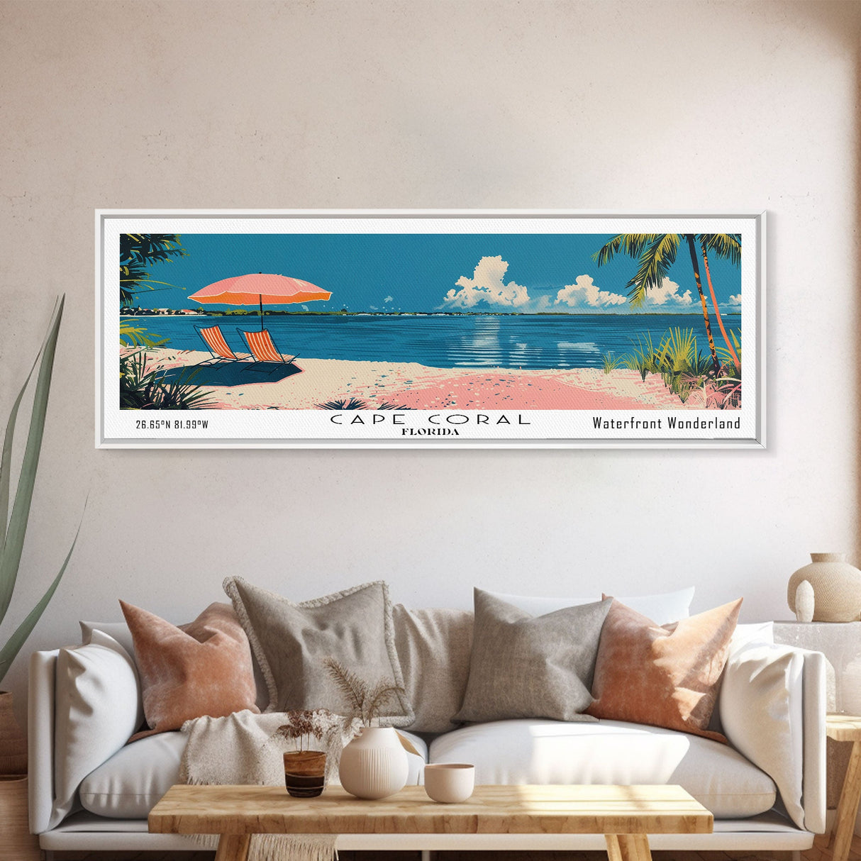 Cape Coral Florida Panoramic Painting, Mid Century Modern Framed Canvas Print, Retro Pop Art Travel Poster, Home Decor, City Print