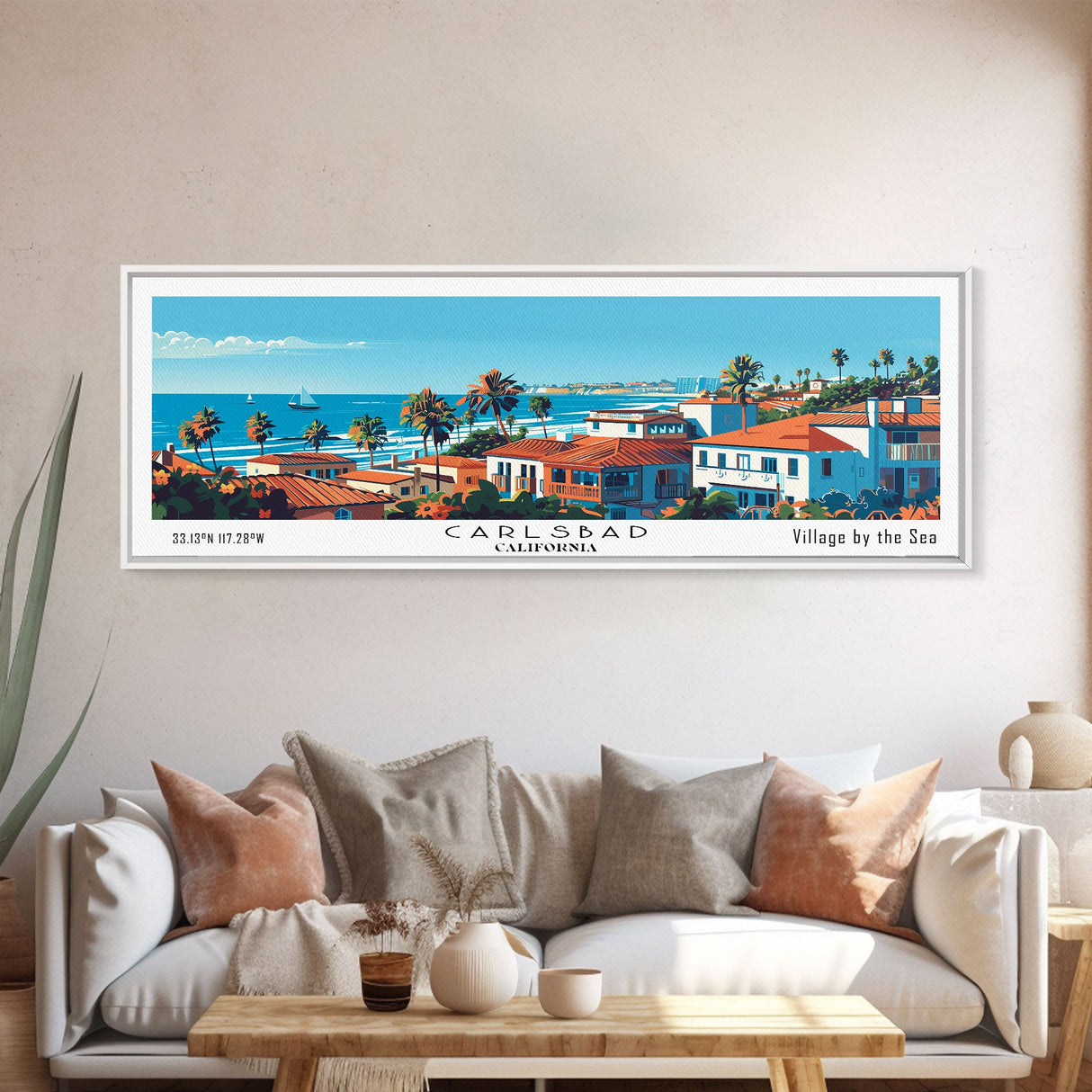 Carlsbad California Panoramic Painting, Mid Century Modern Framed Canvas Print, Retro Pop Art Travel Poster, Living Room Wall Art, City Print