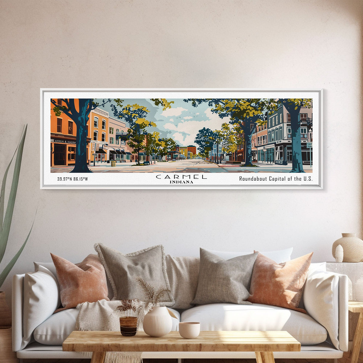 Carmel Indiana Panoramic Painting, Mid Century Modern Framed Canvas Print, Retro Pop Art Travel Poster, Home Decor, City Art