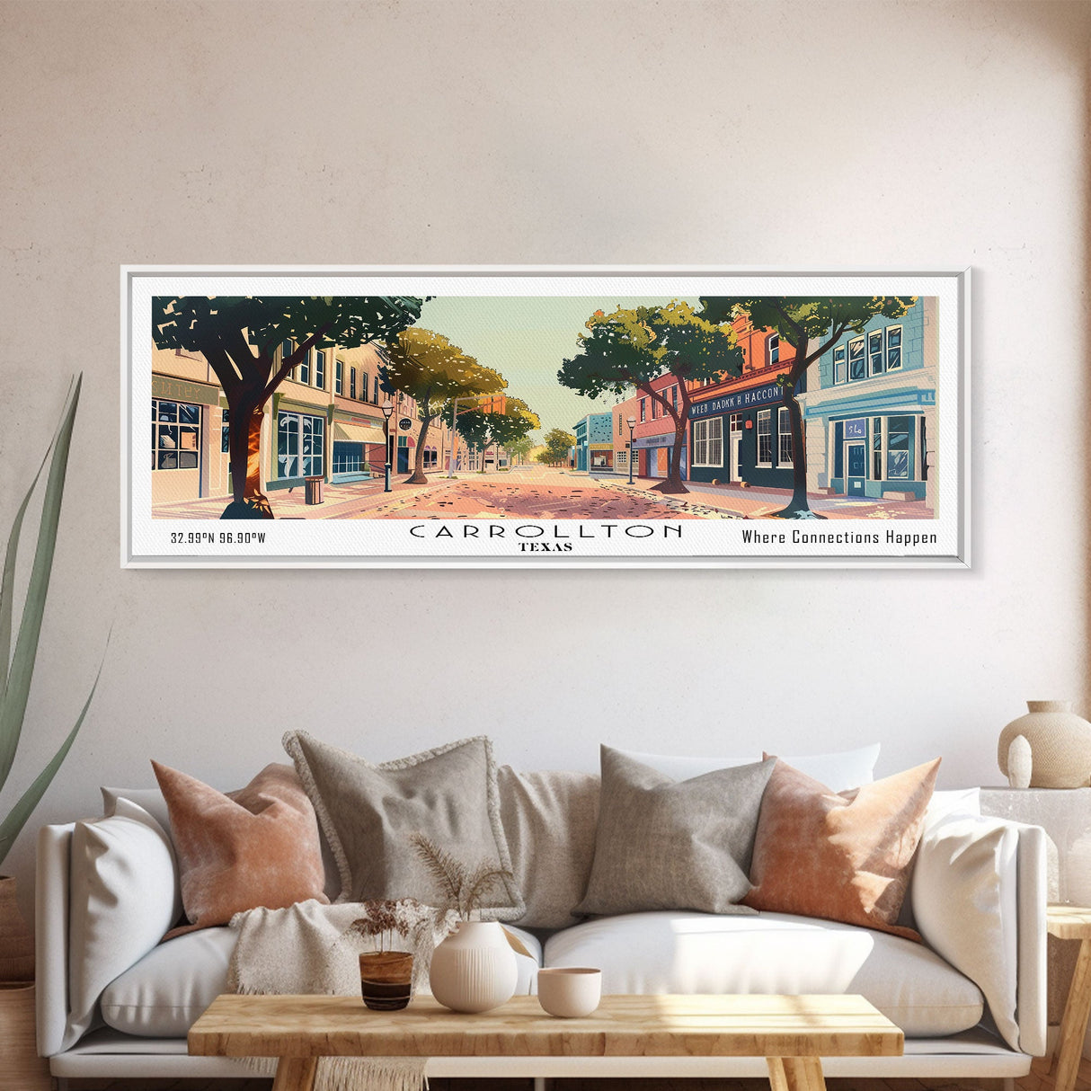 Carrollton Texas Panoramic Painting, Mid Century Modern Framed Canvas Print, Retro Pop Art Travel Poster, Office Wall Art, City Print