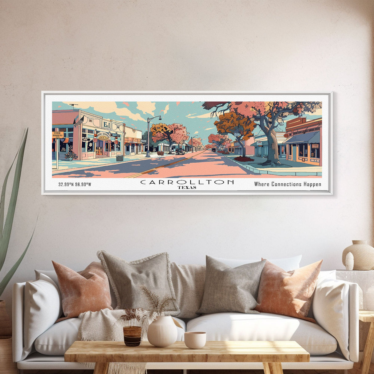 Carrollton Texas Panoramic Painting, Mid Century Modern Framed Canvas Print, Retro Pop Art Travel Poster, Office Wall Art, City Print