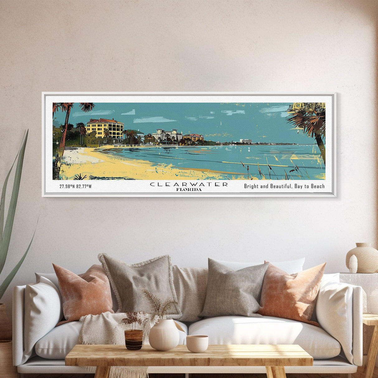 Clearwater Florida Panoramic Painting, Mid Century Modern Framed Canvas Print, Retro Pop Art Travel Poster, Home Decor, City Art