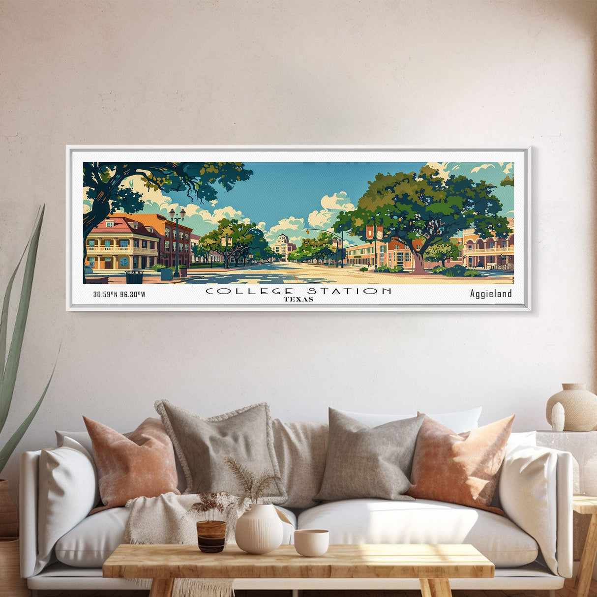 College Station Texas Panoramic Painting, Mid Century Modern Framed Canvas Print, Retro Pop Art Travel Poster, Living Room Art, Home Decor