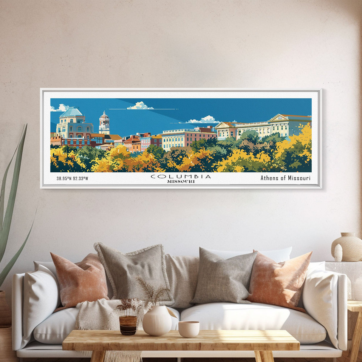 Columbia Missouri Panoramic Wall Art, Mid Century Modern Framed Canvas Print, Retro Pop Art Travel Poster, City Home Decor, Office Wall Art