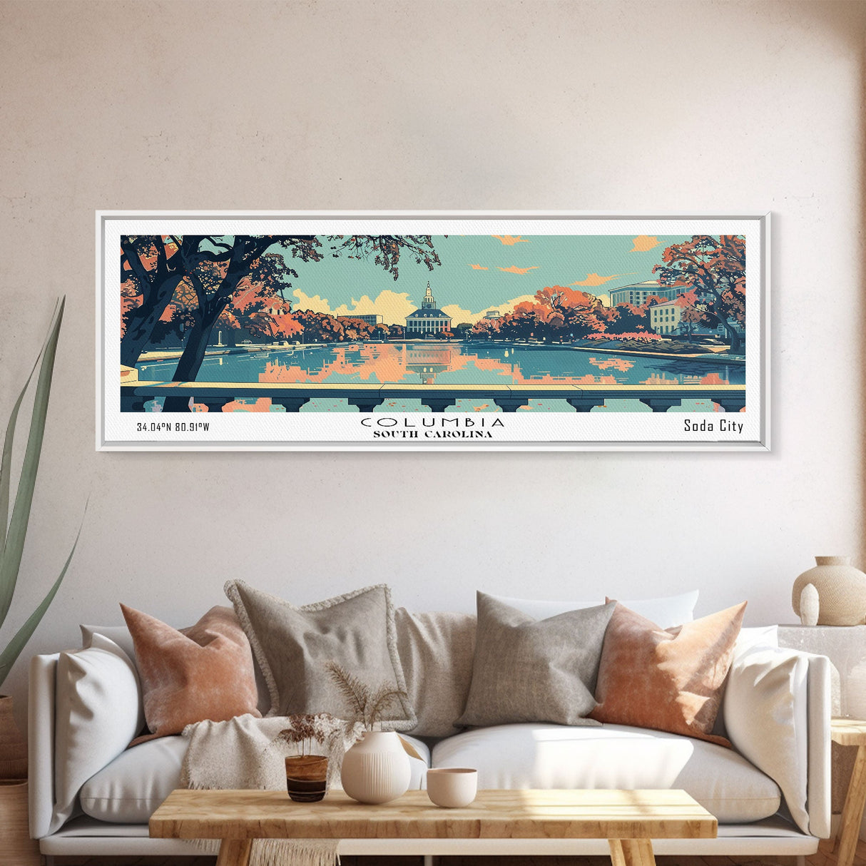 Columbia South Carolina Panoramic Painting, Mid Century Modern Framed Canvas Print, Retro Pop Art Travel Poster, City Art Gift, Home Decor