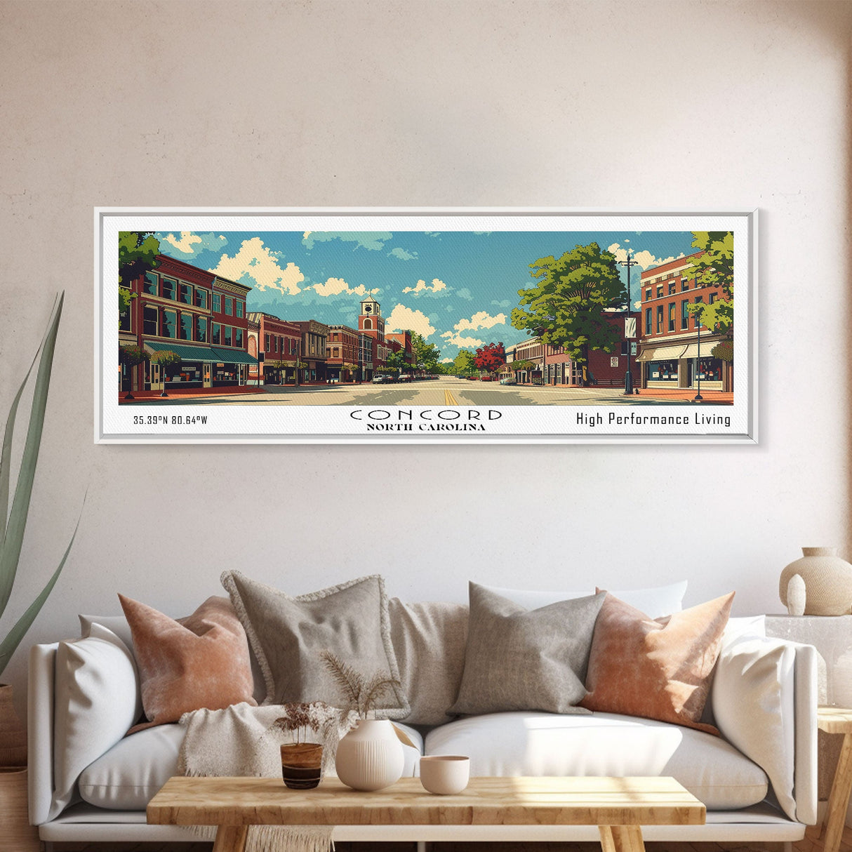 Concord North Carolina Panoramic Wall Art, Mid Century Modern Framed Canvas Print, Retro Pop Art Travel Poster, City Office Art, Home Decor