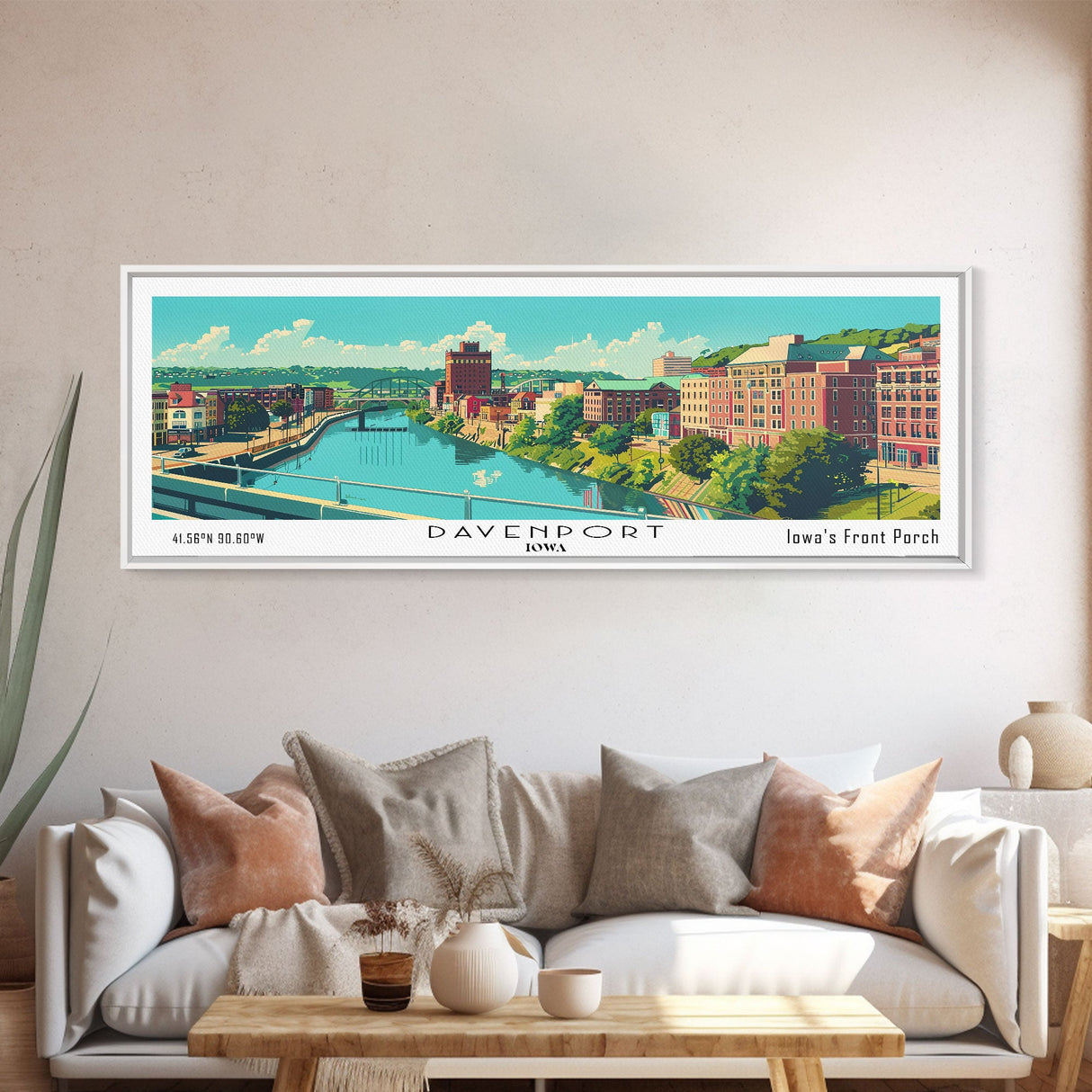 Davenport Iowa Panoramic Wall Art, Mid Century Modern Framed Canvas Print, Retro Pop Art Travel Poster, City Art Gift, Home Decor