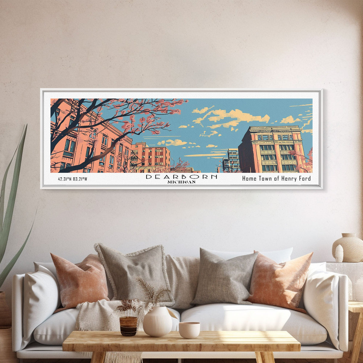 Dearborn Michigan Panoramic Painting, Mid Century Modern Framed Canvas Print, Retro Pop Art Travel Poster, City Wall Decor, Office Wall Art