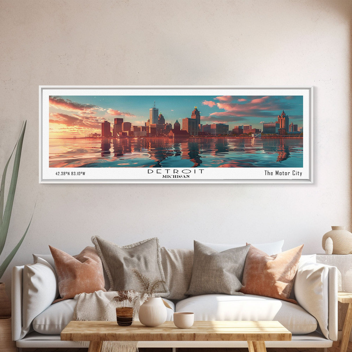 Detroit Michigan Panoramic Painting, Mid Century Modern Framed Canvas Print, Retro Pop Art Travel Poster, City Wall Decor, Home Art