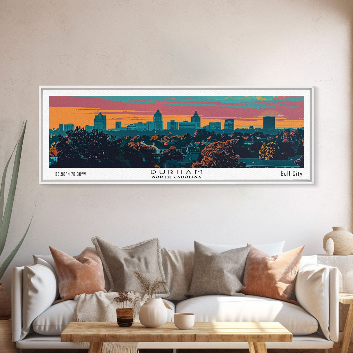 Durham North Carolina Panoramic Painting, Mid Century Modern Framed Canvas Print, Retro Pop Art Travel Poster, City Wall Art, Office Decor