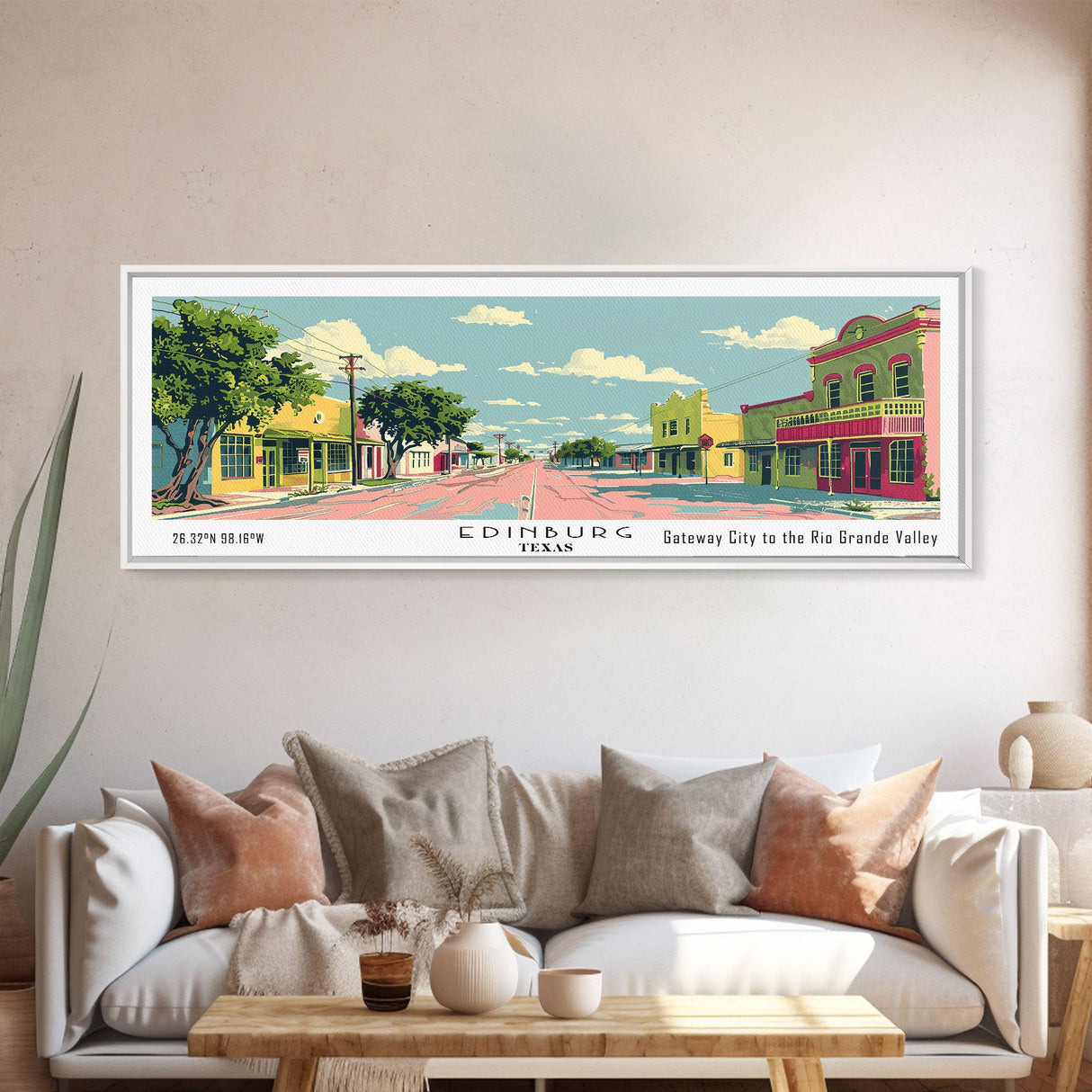 Edinburg Texas Panoramic Wall Art, Mid Century Modern Framed Canvas Print, Retro Pop Art Travel Poster, City Office Art, Living Room Decor