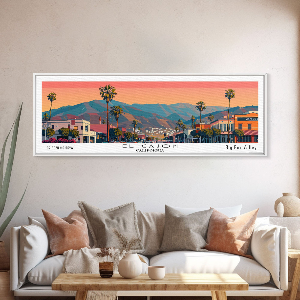 El Cajon California Panoramic Wall Art, Mid Century Modern Framed Canvas Print, Retro Pop Art Travel Poster, City Home Decor, Office Art